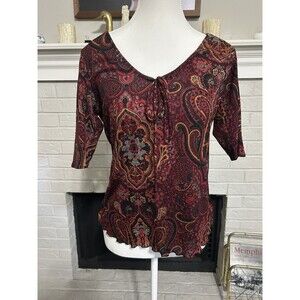 VTG Susan Lawrence Babydoll Top Womens L Red Paisley Stretch Y2K Fairy Boho